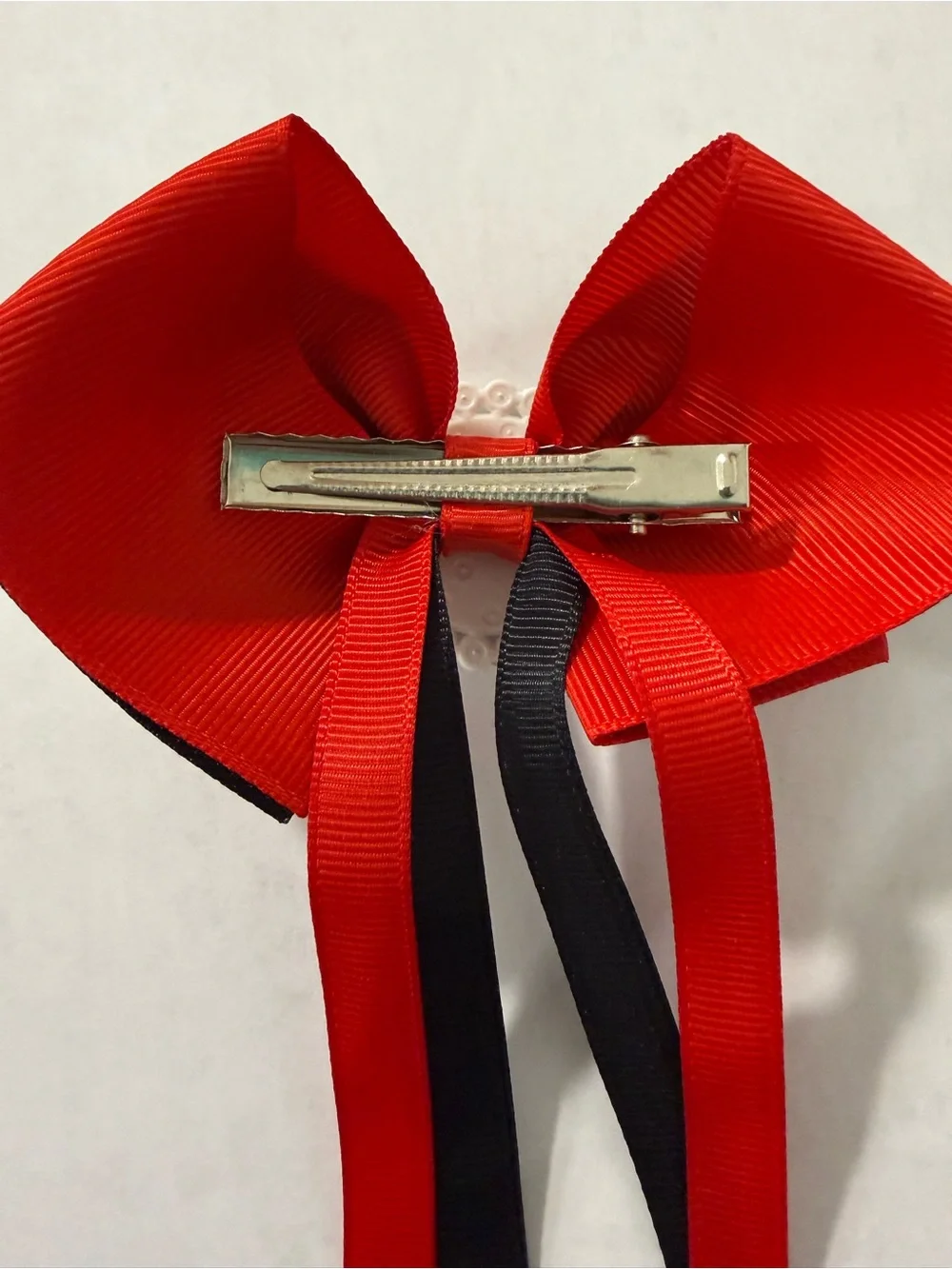 Red and Black Team Ribbon Hair Bow with Rhinestone Medallion